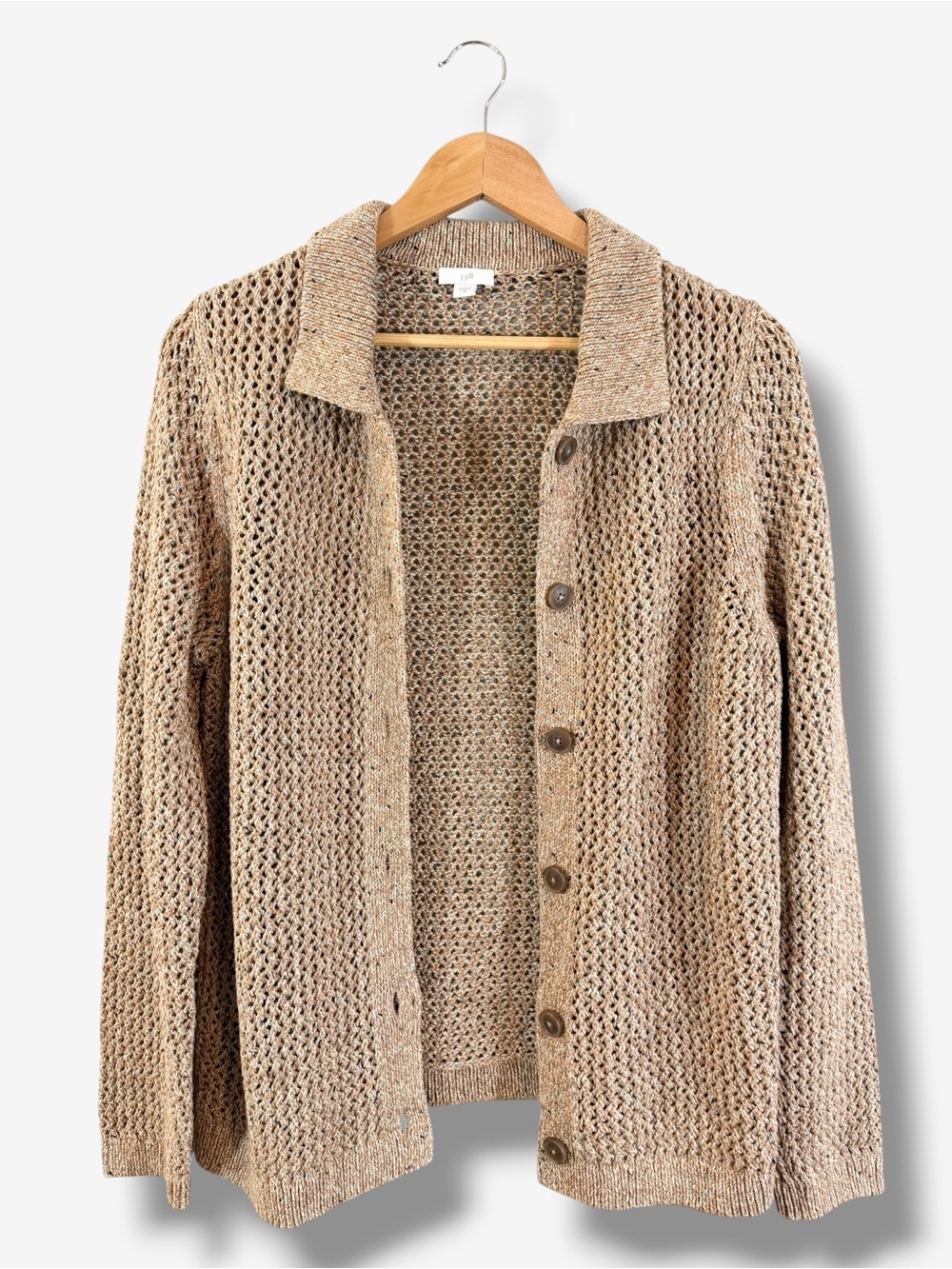 J. Jill Open Knit Collared Cardigan Sweater Cottagecore Marled Brown Size M
